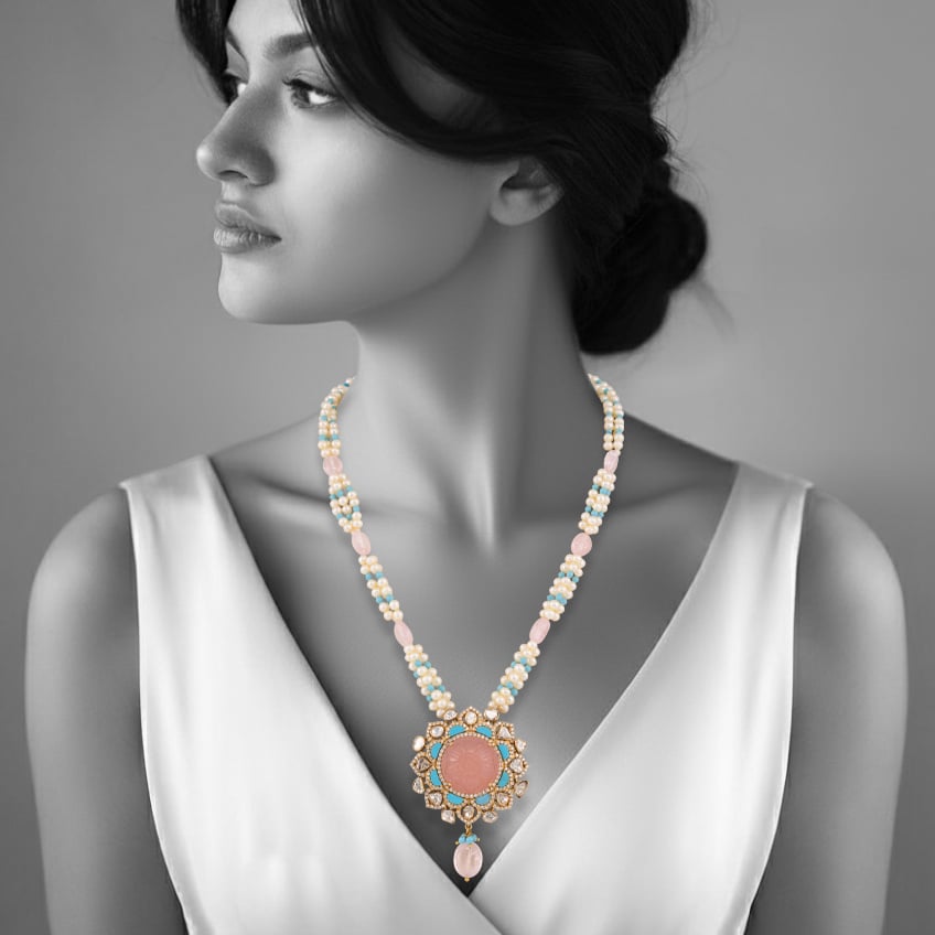 Carved Pink and Turquoise Gemstone Necklace with Polkis and Pearl